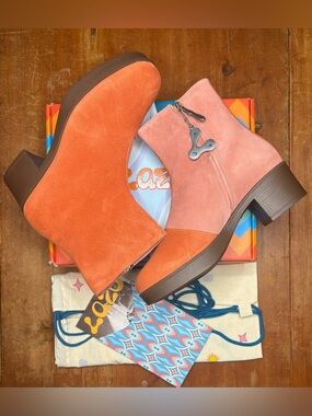 Lazo Siren Suede Block Heel Ankle Boot in Orange/Pink, Size 7, NIB
